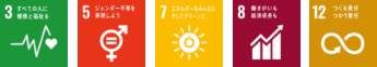 SDGsアイコン3 すべての人に健康と福祉を／SDGsアイコン5 ジェンダー平等を実現しよう／SDGsアイコン7 エネルギーをみんなに そしてクリーンに／SDGsアイコン8 働きがいも経済成長も／SDGsアイコン12 つくる責任つかう責任